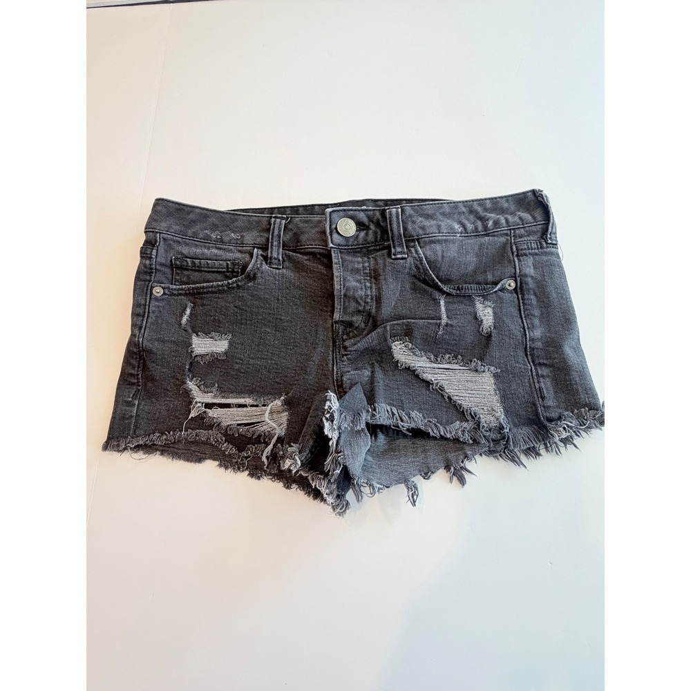 Express Jeans Womens Black Distressed Denim Shorts Button Fly Size 4 Frayed Hem